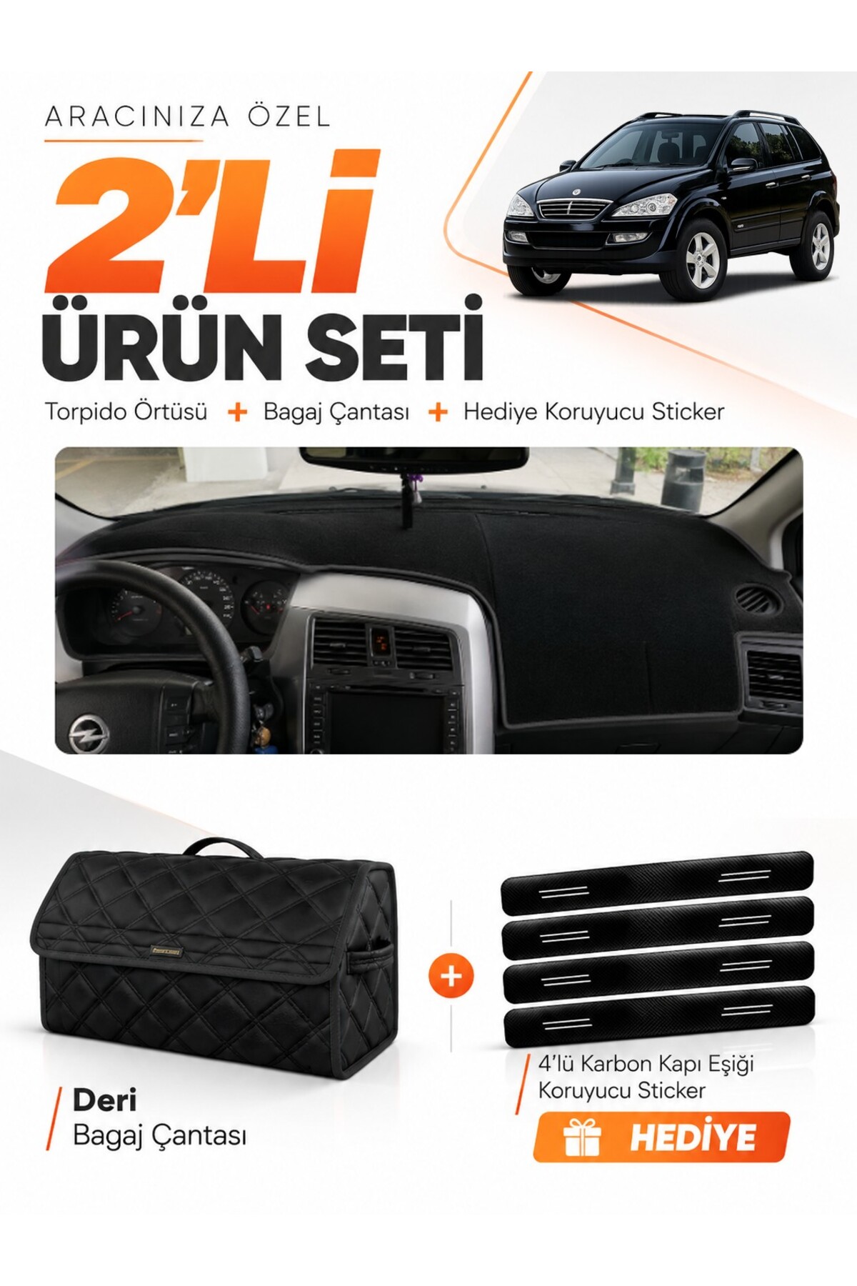 SSANGYONG KYRON (2005-2012) Uyumlu Torpido Örtüsü + Deri Bagaj Çantası + Sticker Seti - SS001