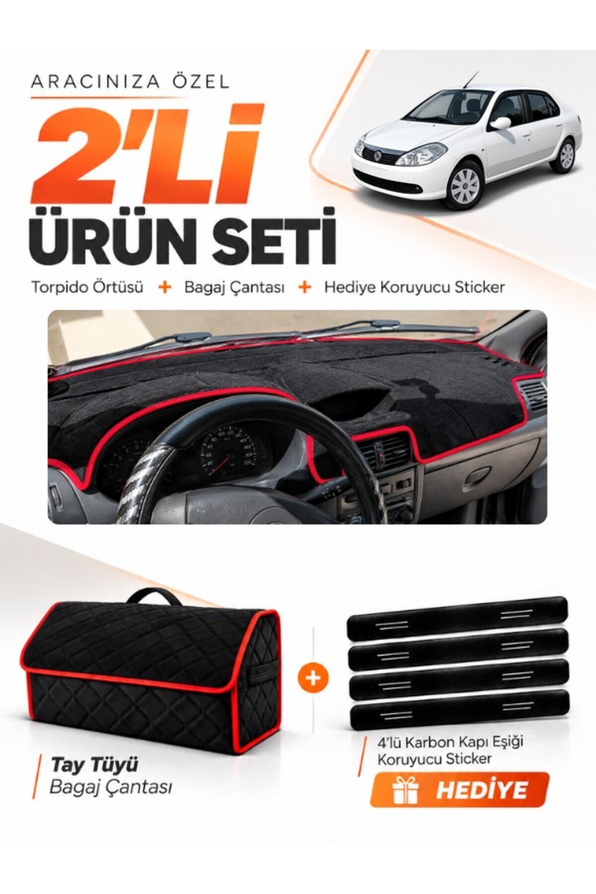 RENAULT SYMBOL AİRBAGLİ (2008-2011) Uyumlu Torpido Örtüsü + Tay Tüyü Bagaj Çantası Seti - RE030 Siyah-Kırmızı