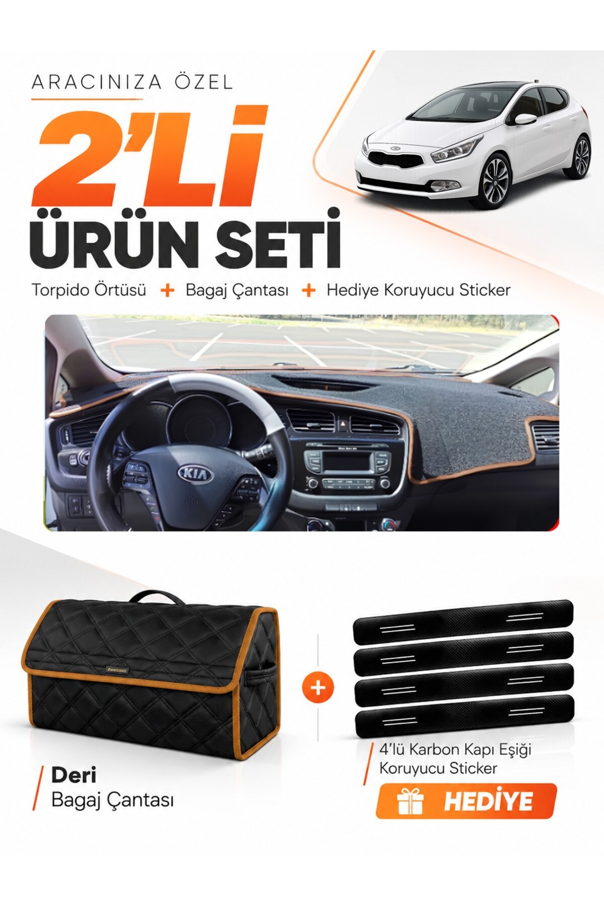 KİA CEED (2013-2019) Uyumlu Torpido Örtüsü + Deri Bagaj Çantası + Sticker Seti - KI004 Siyah-Kahverengi