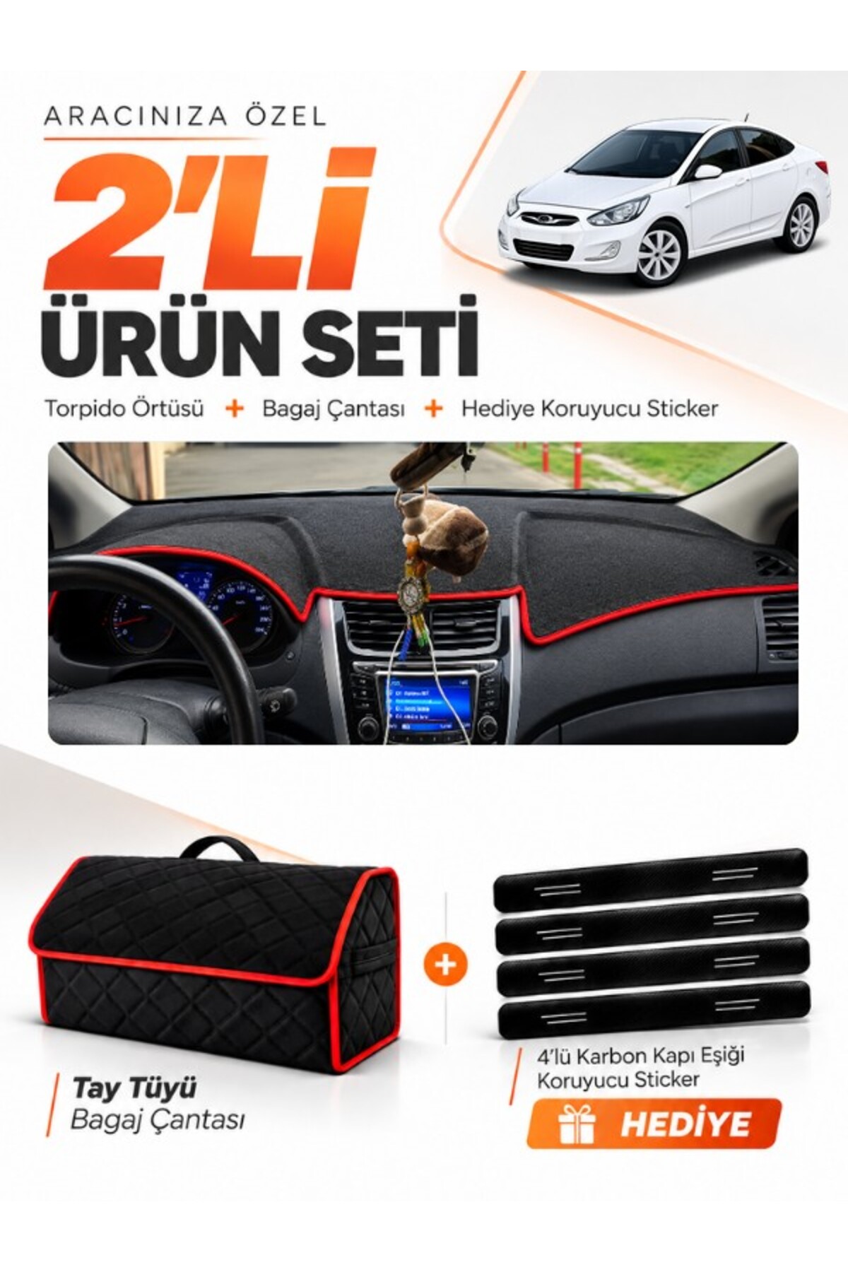 HYUNDAİ ACCENT BLUE (2011-2017) Uyumlu Torpido Örtüsü + Tay Tüyü Bagaj Çantası Seti - HU011 Siyah-Kırmızı