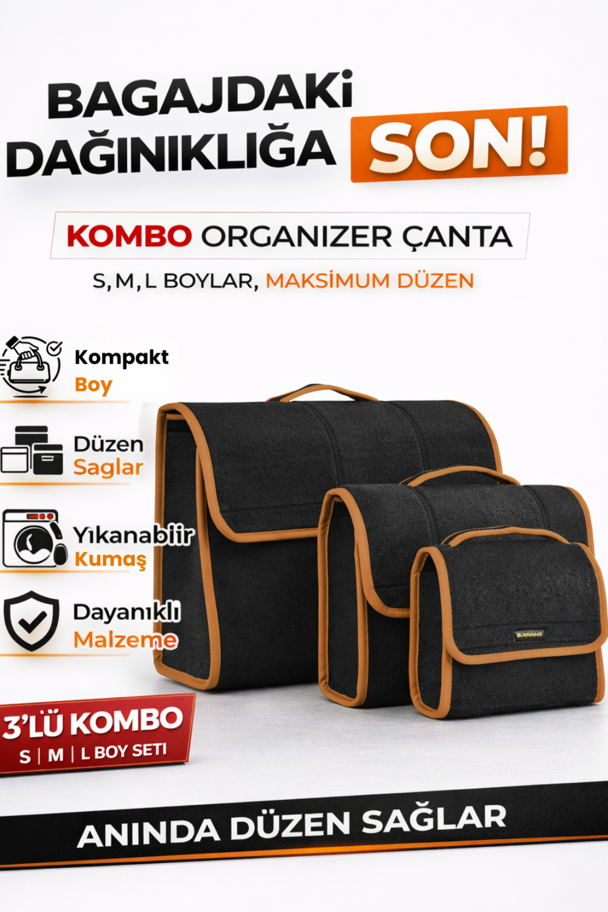 Oto Bagaj Organizer Bagaj Çantası 3'lü Kombo Boy Kaymaz Cırt Bantlı Velur Kompakt Düzenleyici