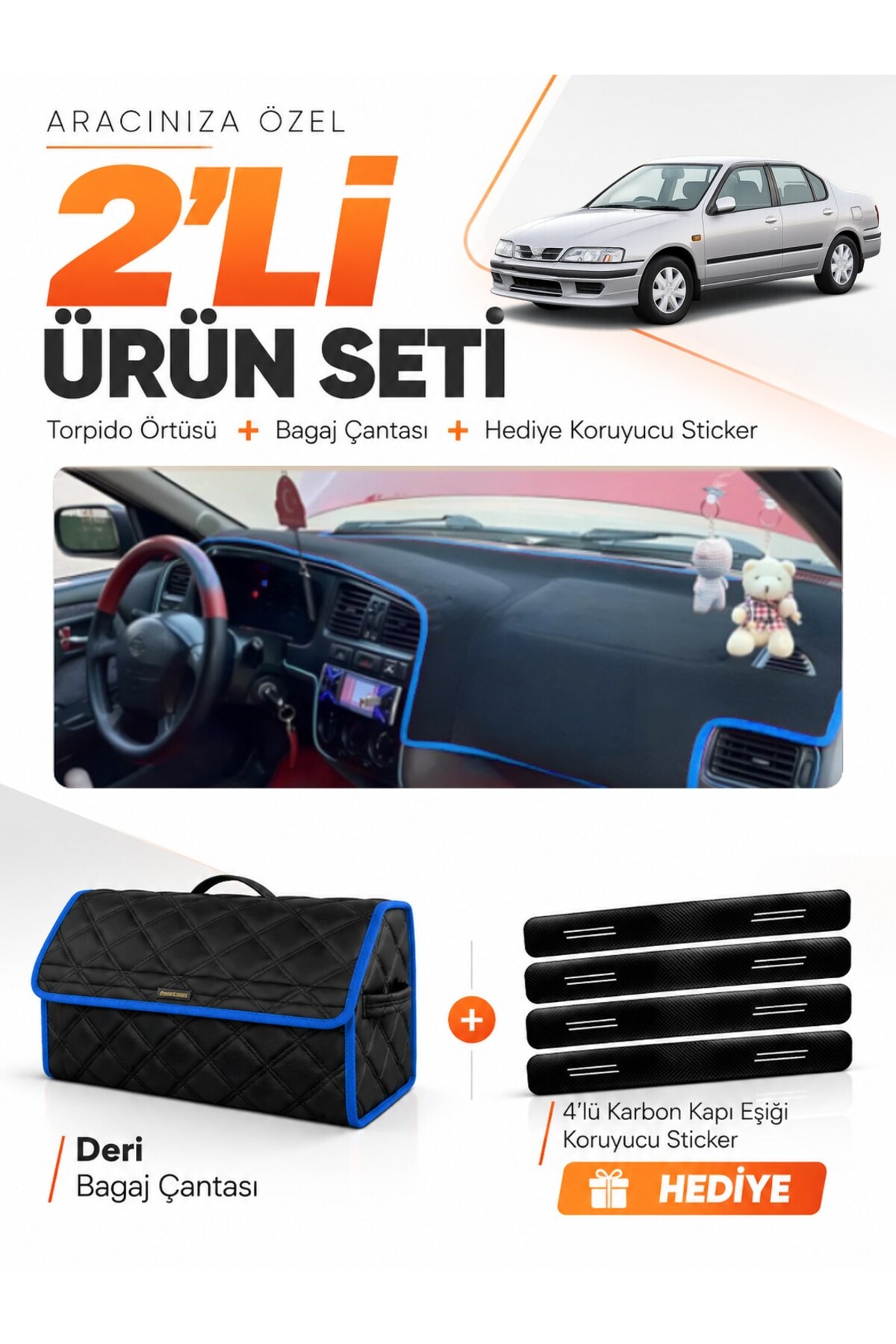 NİSSAN PRİMERA P11 (1996-2000) Uyumlu Torpido Örtüsü + Deri Bagaj Çantası + Sticker Seti - NI014 Siyah-Mavi