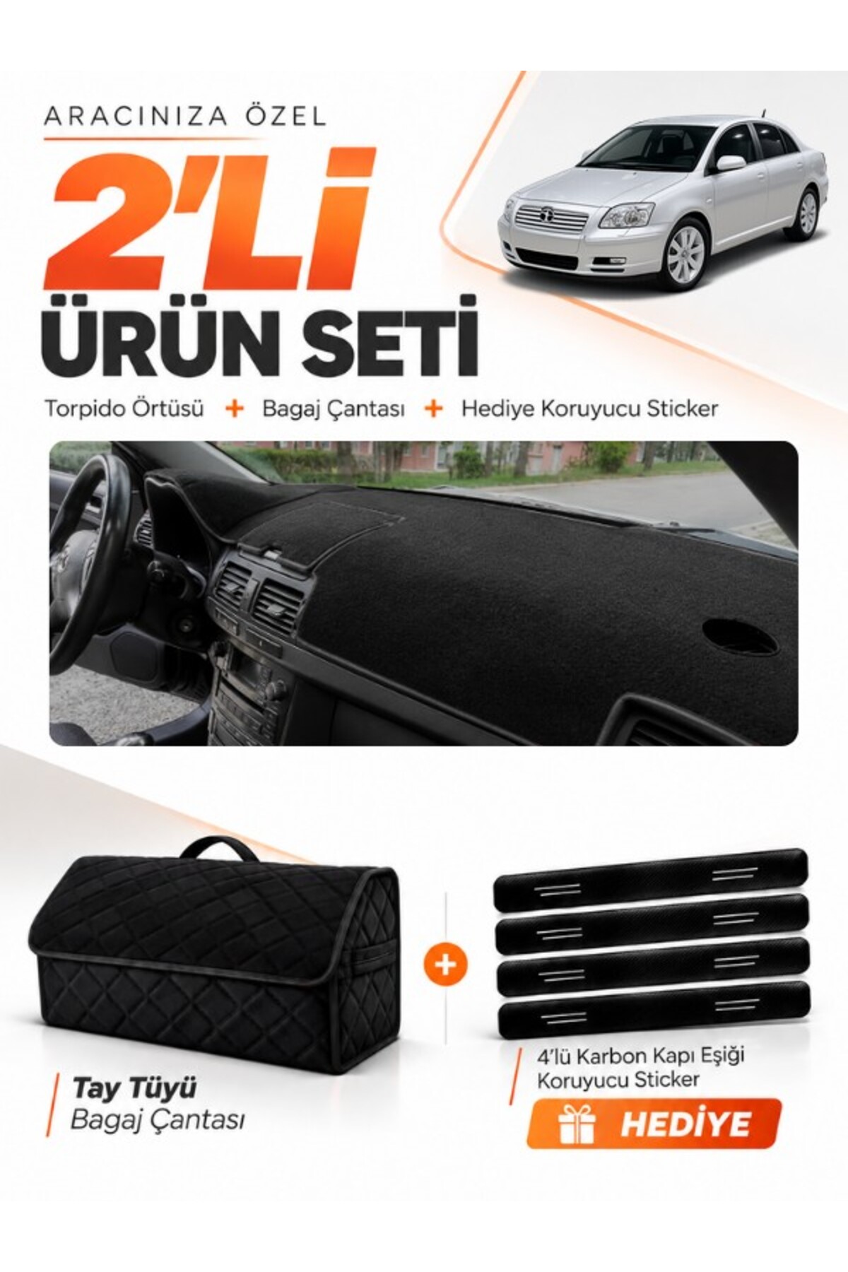 TOYOTA AVENSİS EKRANSIZ T250 (2003-2008) Uyumlu Torpido Örtüsü + Tay Tüyü Bagaj Çantası Seti - TO002 Siyah