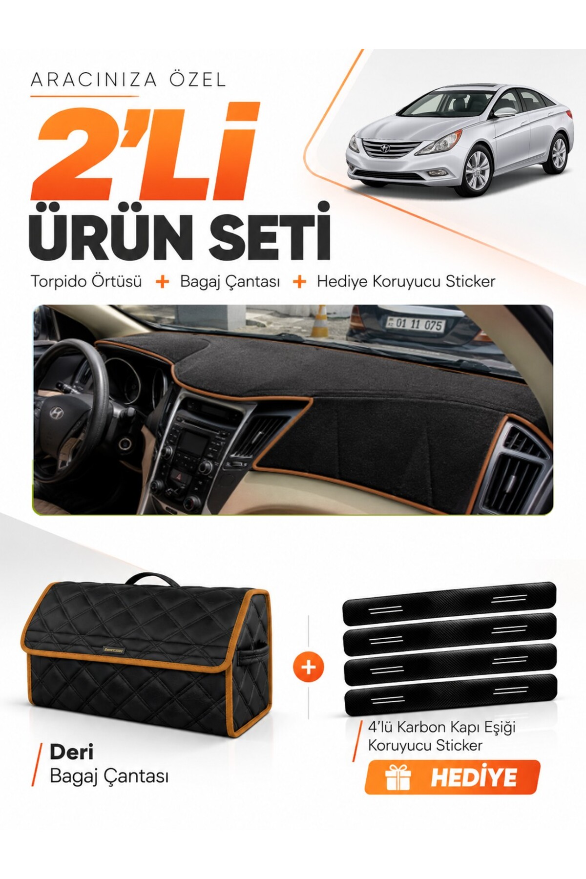 HYUNDAİ SONATA (2009-2015) Uyumlu Torpido Örtüsü + Deri Bagaj Çantası + Sticker Seti - HU031 Siyah-Kahverengi