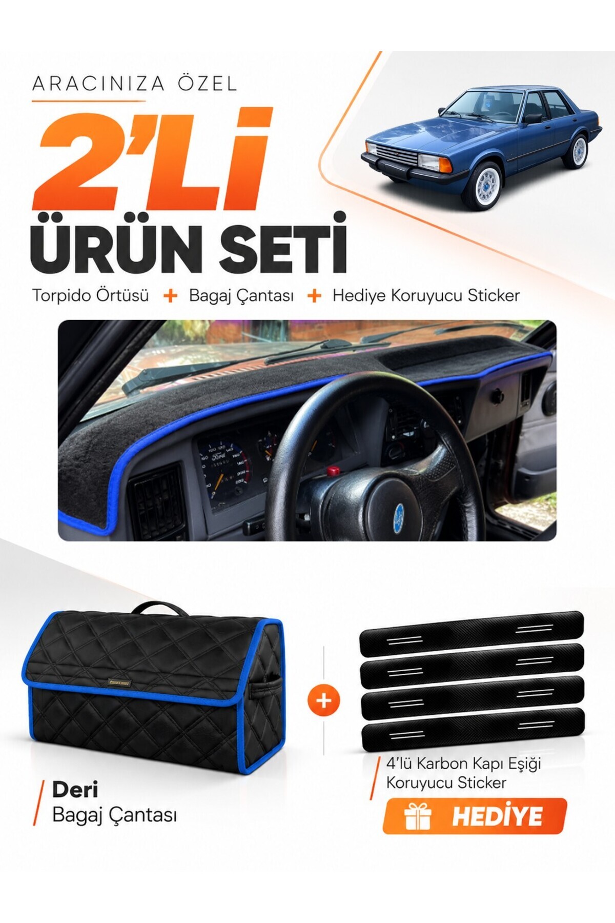 FORD TAUNUS (1985-1994) Uyumlu Torpido Örtüsü + Deri Bagaj Çantası + Sticker Seti - FO035 Siyah-Mavi