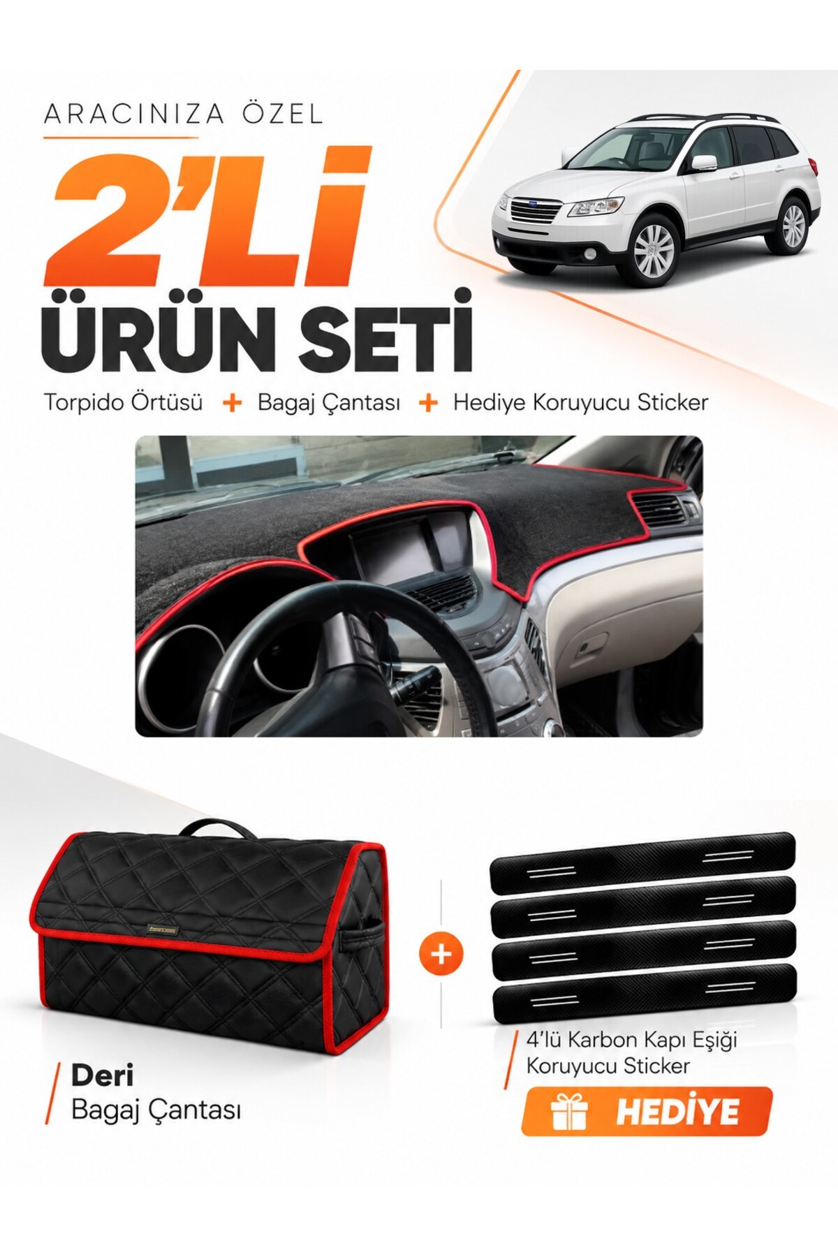 SUBARU TRIBECA (2005-2014) Uyumlu Torpido Örtüsü + Deri Bagaj Çantası + Sticker Seti - SU007 Siyah-Kırmızı