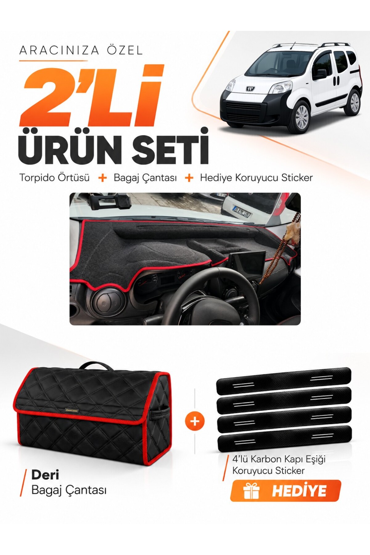 PEUGEOT BİPPER TAM KAPALI (2007-2020) Uyumlu Torpido Örtüsü + Deri Bagaj Çantası Seti - PE019 Siyah-Kırmızı