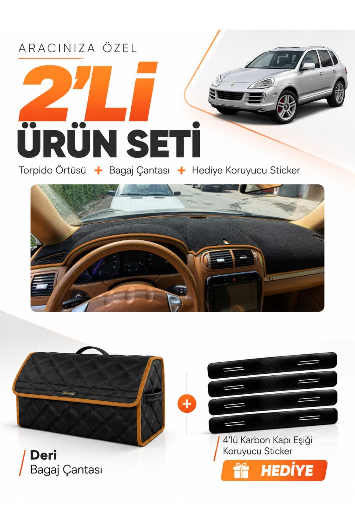 PORSCHE CAYENNE (2002-2010) Uyumlu Torpido Örtüsü + Deri Bagaj Çantası + Sticker Seti - PO001 Siyah-Kahverengi