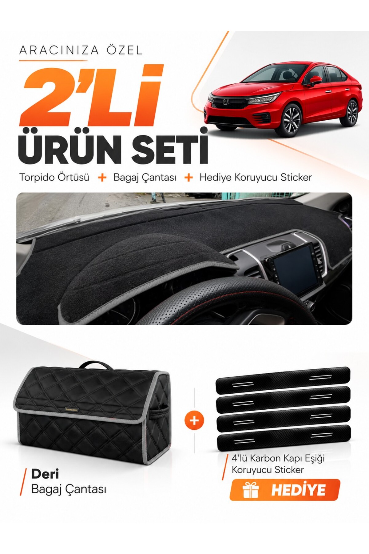 HONDA CITY (2020-2024) Uyumlu Torpido Örtüsü + Deri Bagaj Çantası + Sticker Seti - HO003 Siyah-Gri