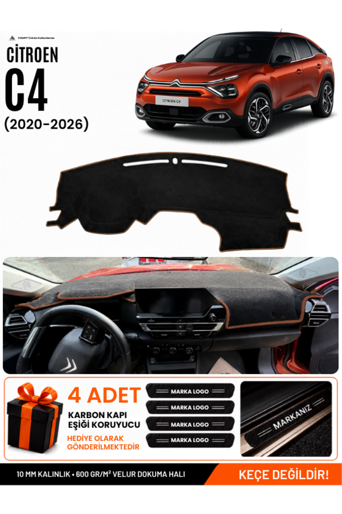 CITROEN C4 DİSPLAYSİZ (2020-2026) Uyumlu Torpido Örtüsü, Torpido Kılıfı Siyah-Kahverengi