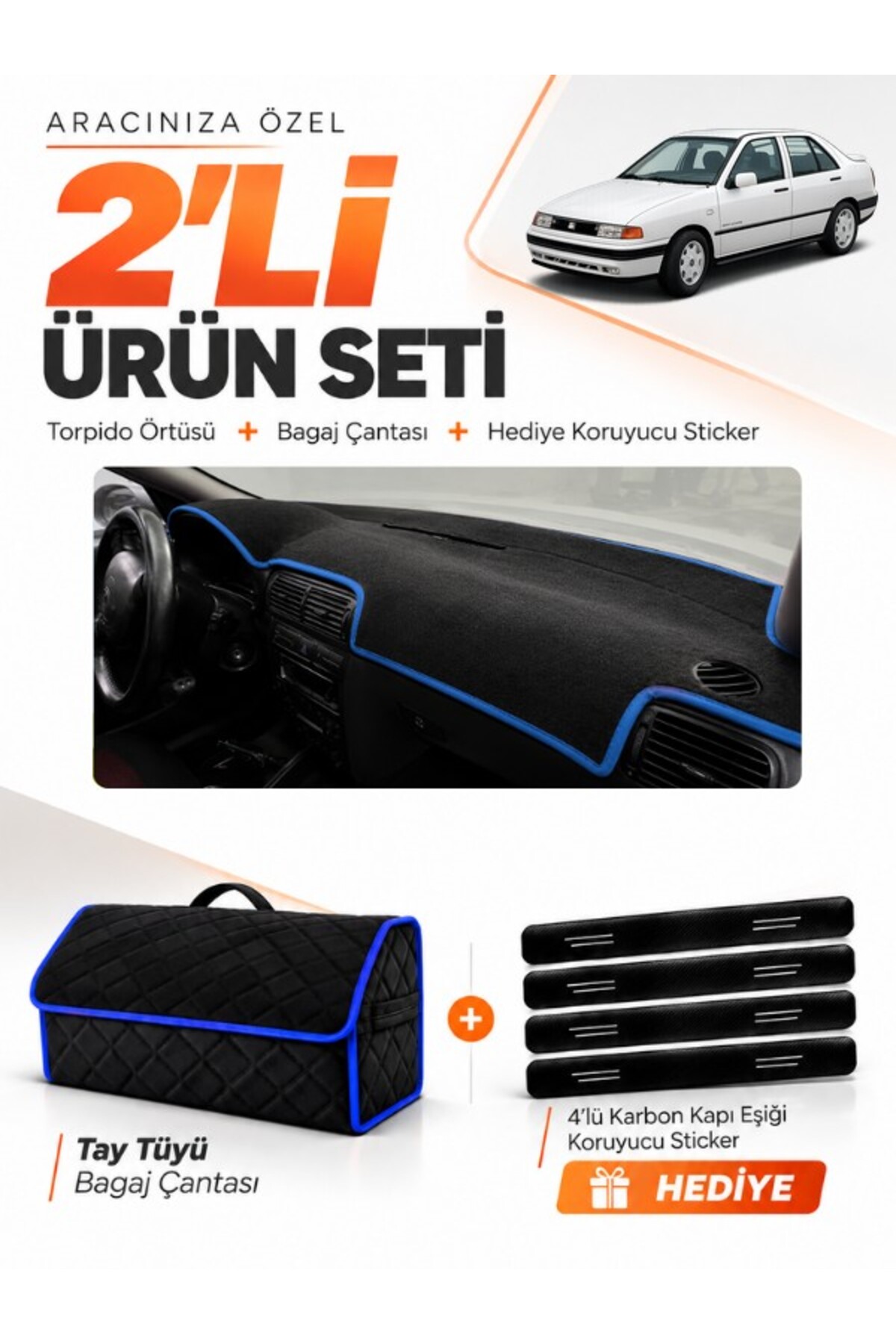 SEAT TOLEDO (1995-2005) Uyumlu Torpido Örtüsü + Tay Tüyü Bagaj Çantası + Sticker Seti - SE010 Siyah-Mavi