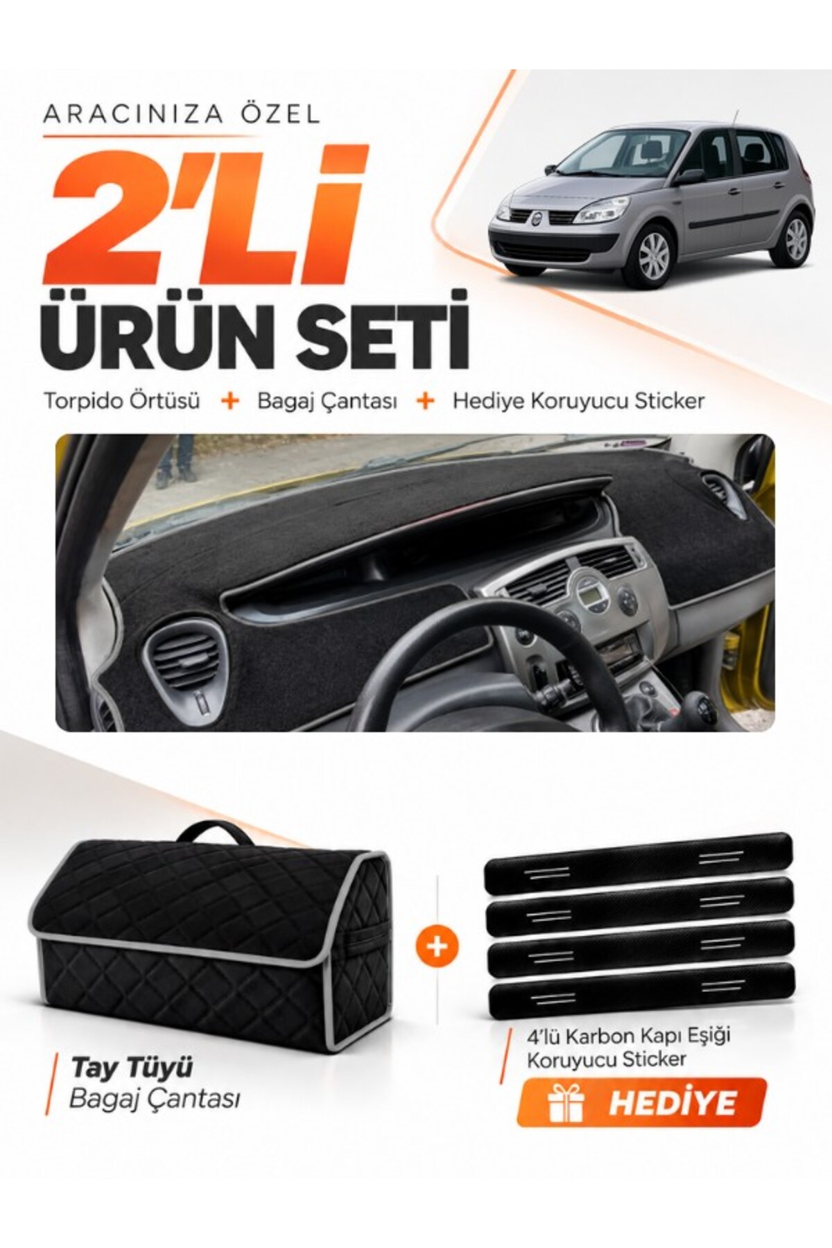 RENAULT SCENIC 2 (2003-2009) Uyumlu Torpido Örtüsü + Tay Tüyü Bagaj Çantası + Sticker Seti - RE044 Siyah-Gri