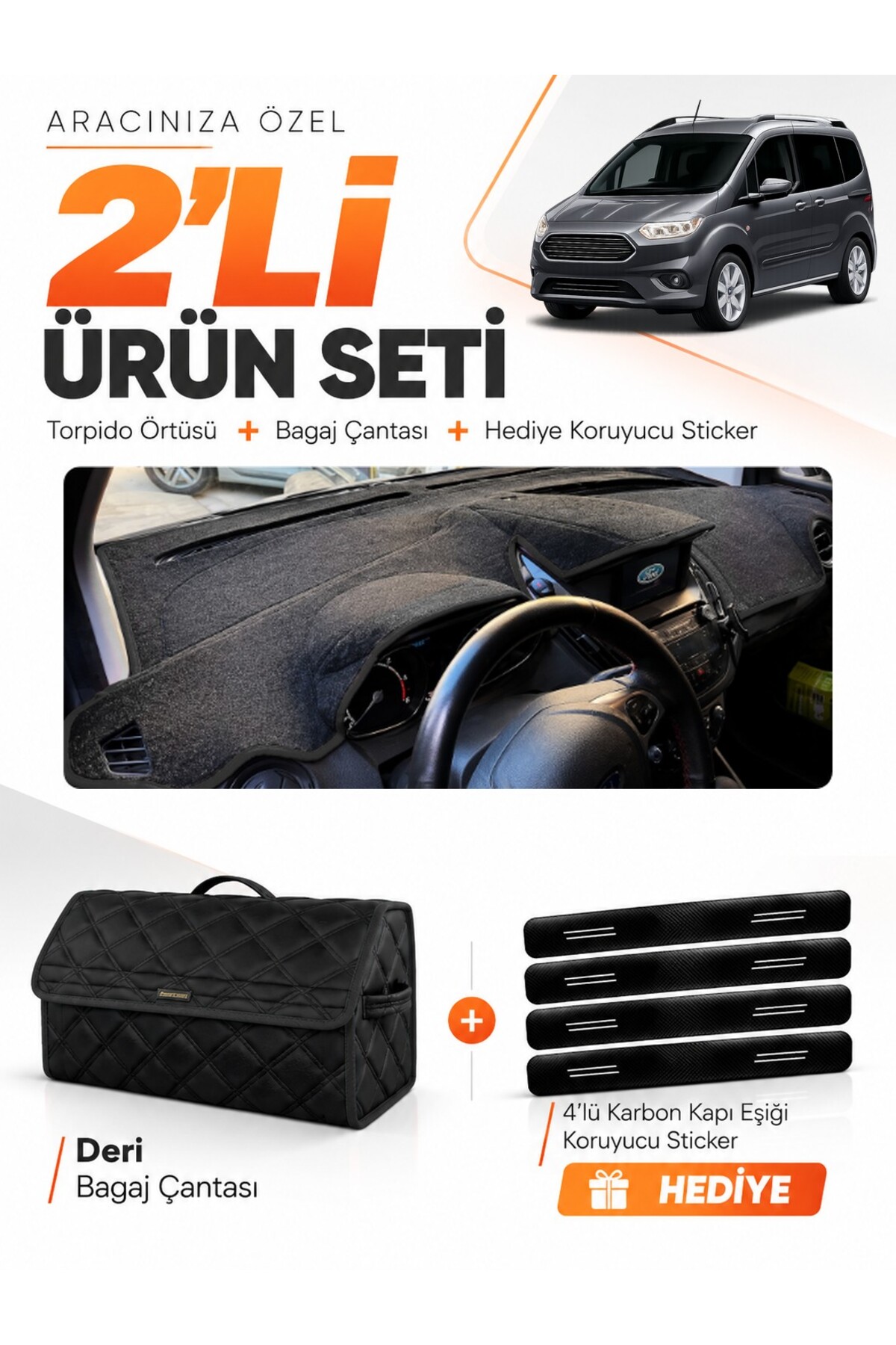 FORD COURİER (2020-2023) EKRANLI Uyumlu Torpido Örtüsü + Deri Bagaj Çantası + Sticker Seti - FO005