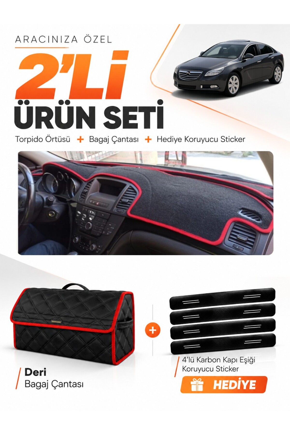 OPEL İNSİGNİA (2008-2013) Uyumlu Torpido Örtüsü + Deri Bagaj Çantası + Sticker Seti - OP010 Siyah-Kırmızı