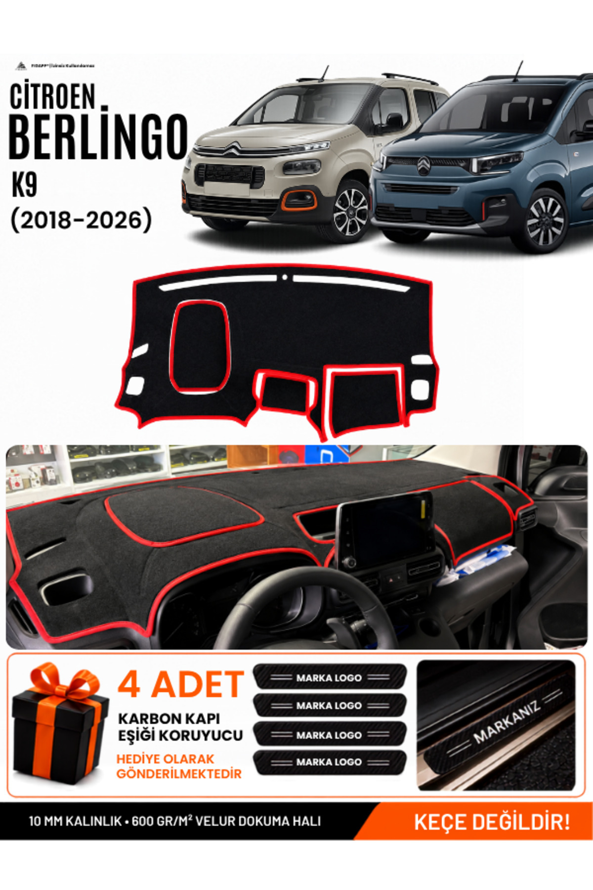 CITROEN BERLINGO K9 (2018-2026) Uyumlu Torpido Örtüsü, Torpido Kılıfı Siyah-Kırmızı