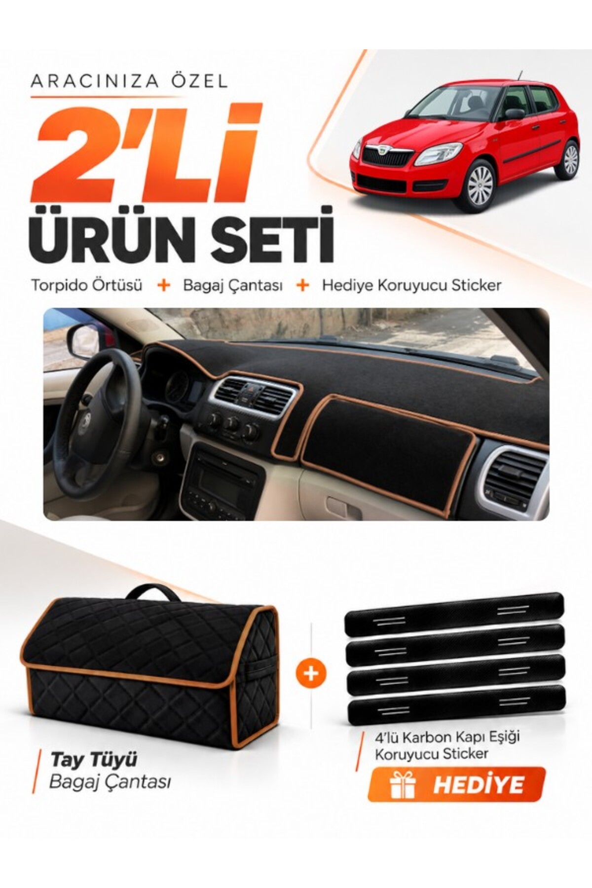 SKODA FABİA (2007-2014) Uyumlu Torpido Örtüsü + Tay Tüyü Bagaj Çantası + Sticker Seti - SK002 Siyah-Kahverengi