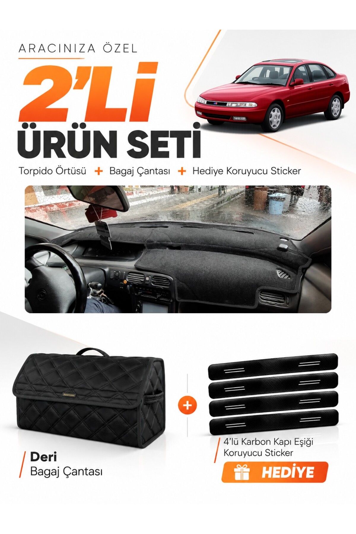 MAZDA 626 CRONOS (1991-1996) Uyumlu Torpido Örtüsü + Deri Bagaj Çantası + Sticker Seti - MA009