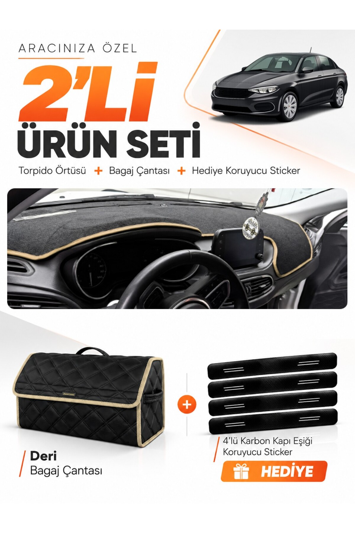 FİAT EGEA SEDAN (2019-2026) TABLETLİ Uyumlu Torpido Örtüsü + Deri Bagaj Çantası Seti - FI012