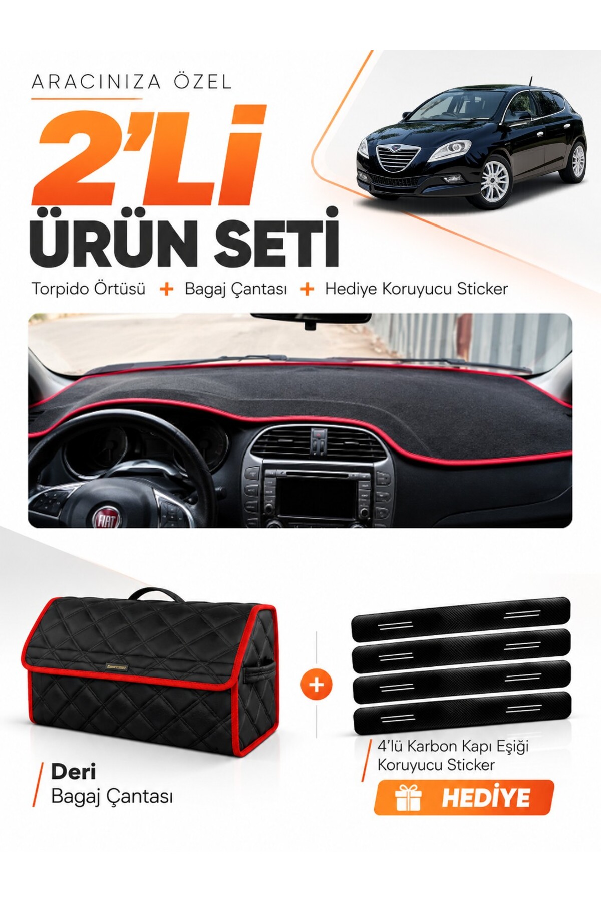LANCİA DELTA (2008-2014) Uyumlu Torpido Örtüsü + Deri Bagaj Çantası + Sticker Seti - LN001 Siyah-Kırmızı