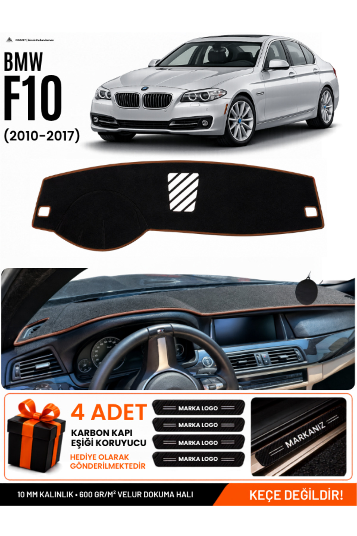 BMW F10 (2010-2017) Uyumlu Torpido Koruma, Torpido Örtüsü, Torpido Kılıfı Siyah-Kahverengi