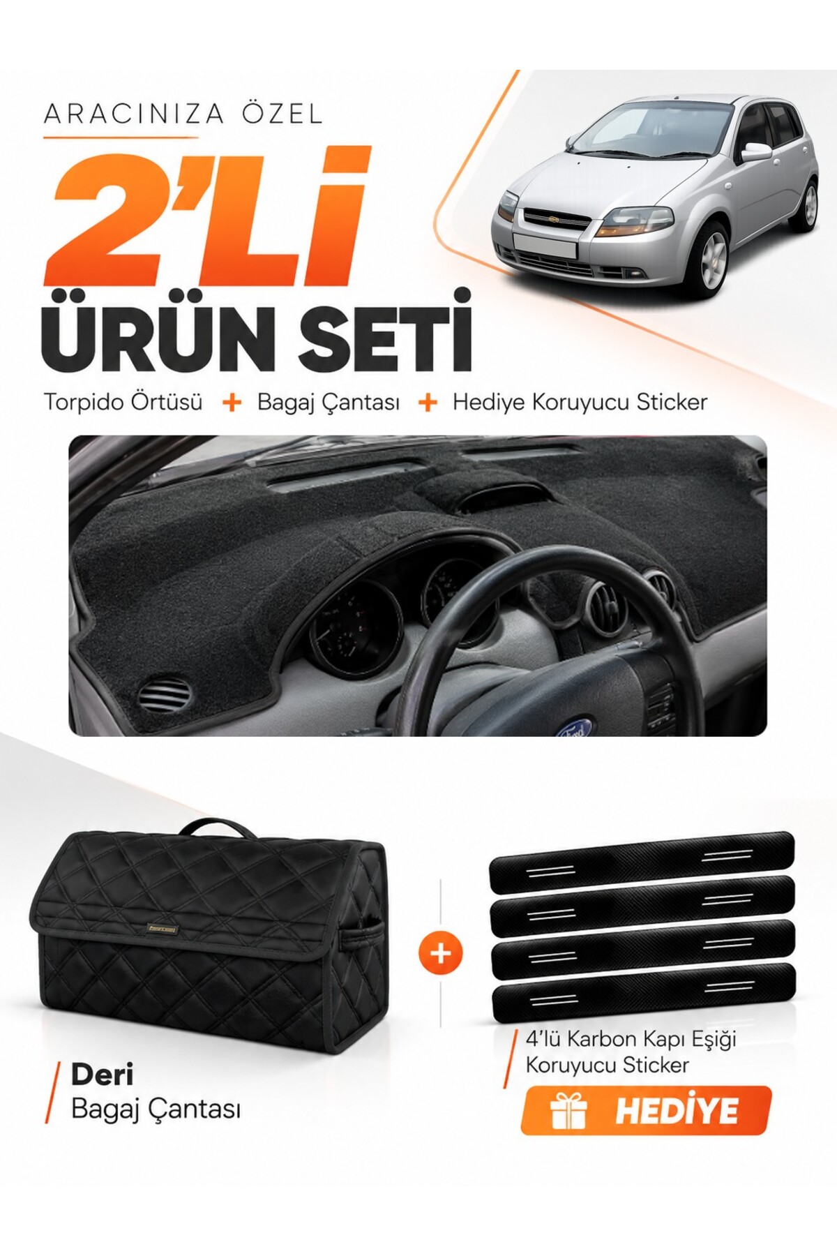 CHEVROLET KALOS (2009-2013) Uyumlu Torpido Örtüsü + Deri Bagaj Çantası + Sticker Seti - CH004 Siyah