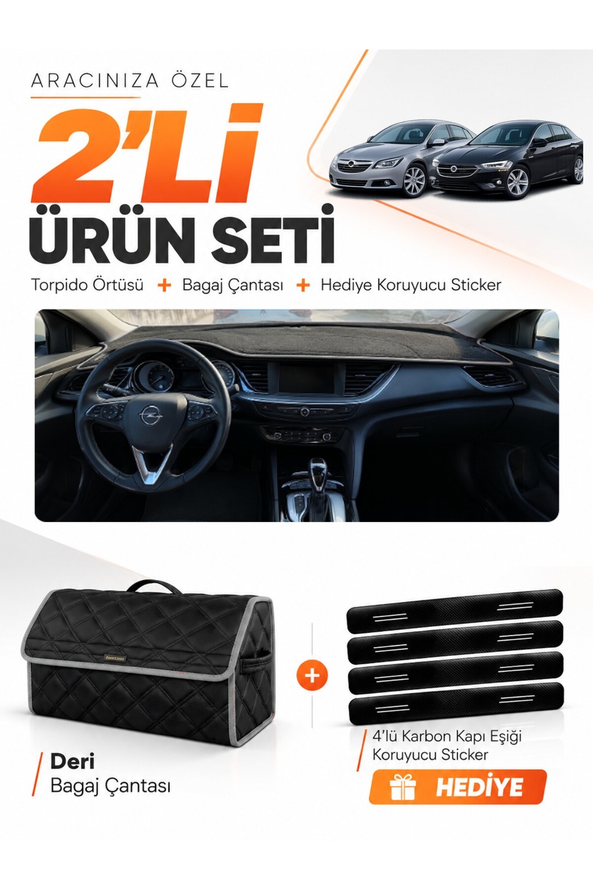 OPEL İNSİGNİA (2017-2026) Uyumlu Torpido Örtüsü + Deri Bagaj Çantası + Sticker Seti - OP021 Siyah-Gri