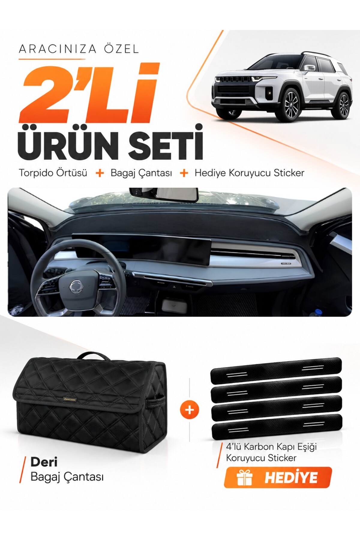 SSANYONG KGM TORRES (2023-2026) Uyumlu Torpido Örtüsü + Deri Bagaj Çantası + Sticker Seti Siyah