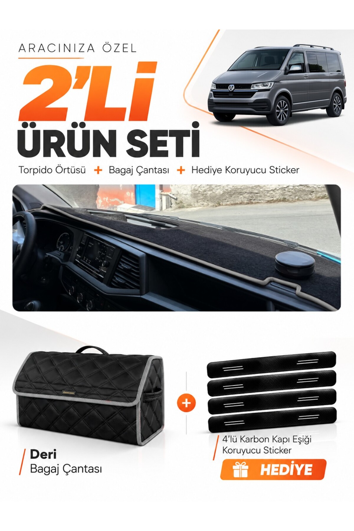 VOLKSWAGEN TRANSPORTER T7 (2021-2024) Uyumlu Torpido Örtüsü + Deri Bagaj Çantası Seti - VW029 Siyah-Gri