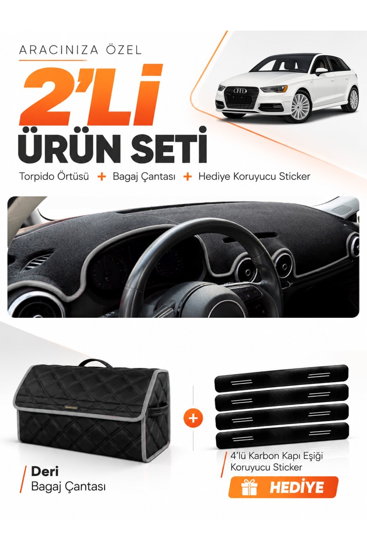 AUDİ A3 (2013-2020) Uyumlu Torpido Örtüsü + Deri Bagaj Çantası + Sticker Seti - AU007 Siyah-Gri