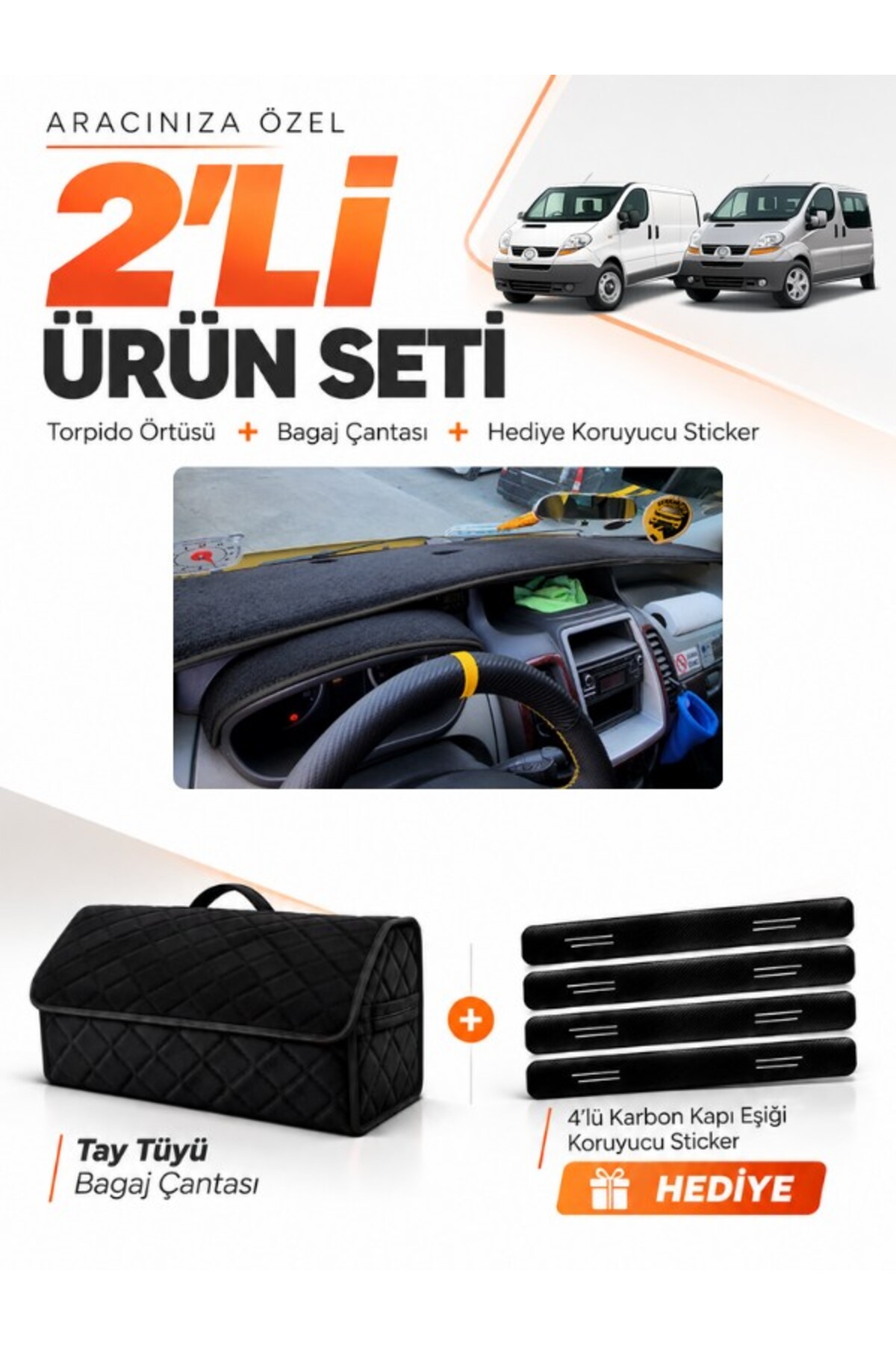 RENAULT TRAFIC (2001-2014) Uyumlu Torpido Örtüsü + Tay Tüyü Bagaj Çantası + Sticker Seti - RE046 Siyah