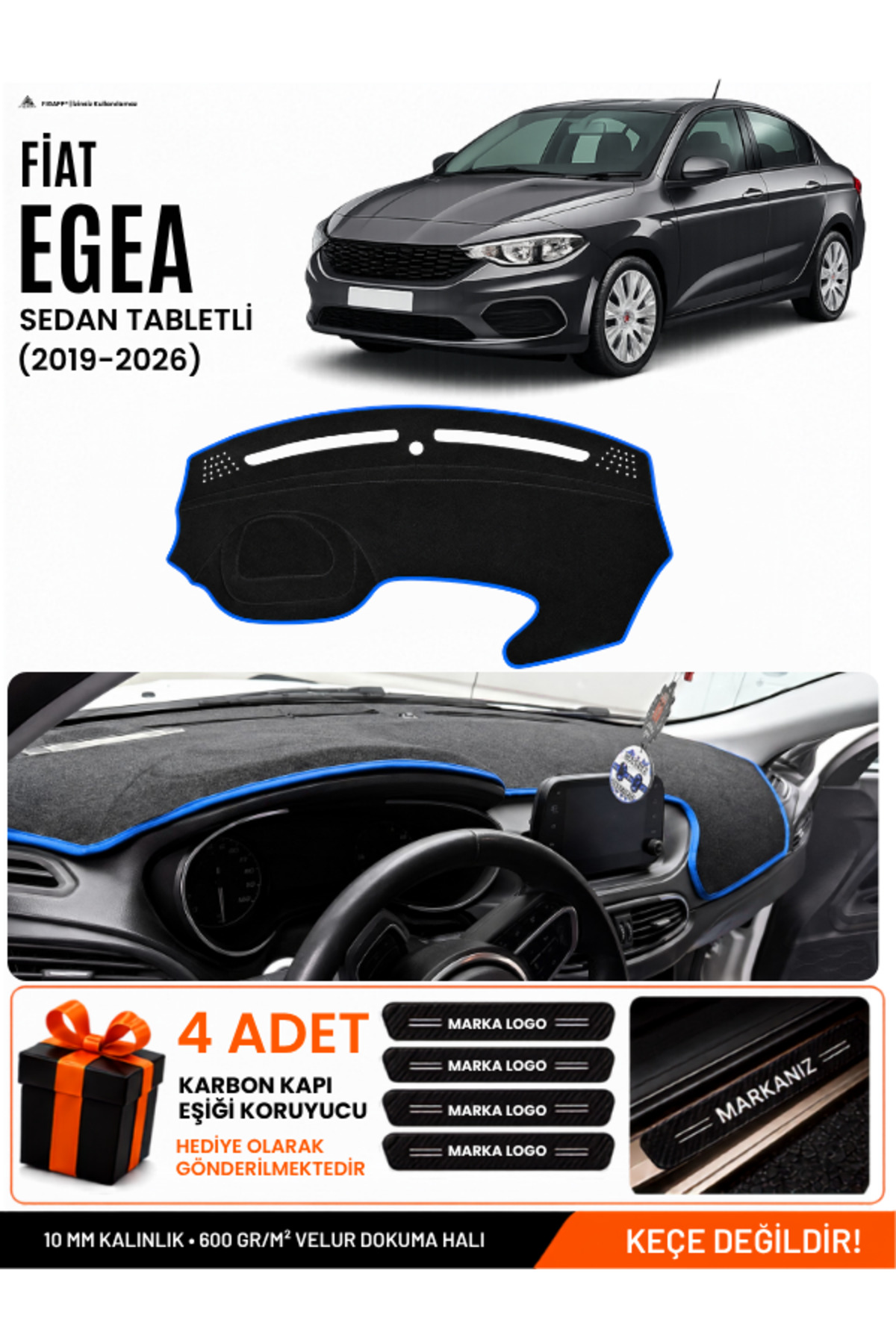 FİAT EGEA SEDAN (2019-2026) TABLETLİ Uyumlu Torpido Siyah-Mavi