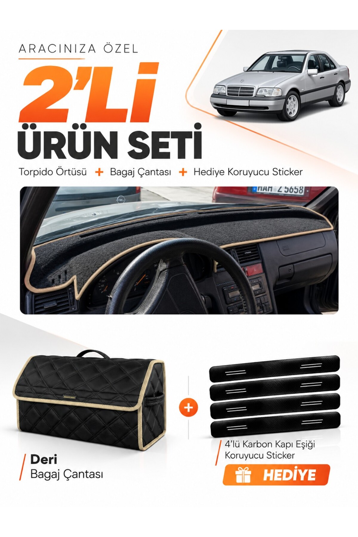 MERCEDES W202 C-CLASS (1993-2000) Uyumlu Torpido Örtüsü + Deri Bagaj Çantası + Sticker Seti - MB004 Siyah-Bej