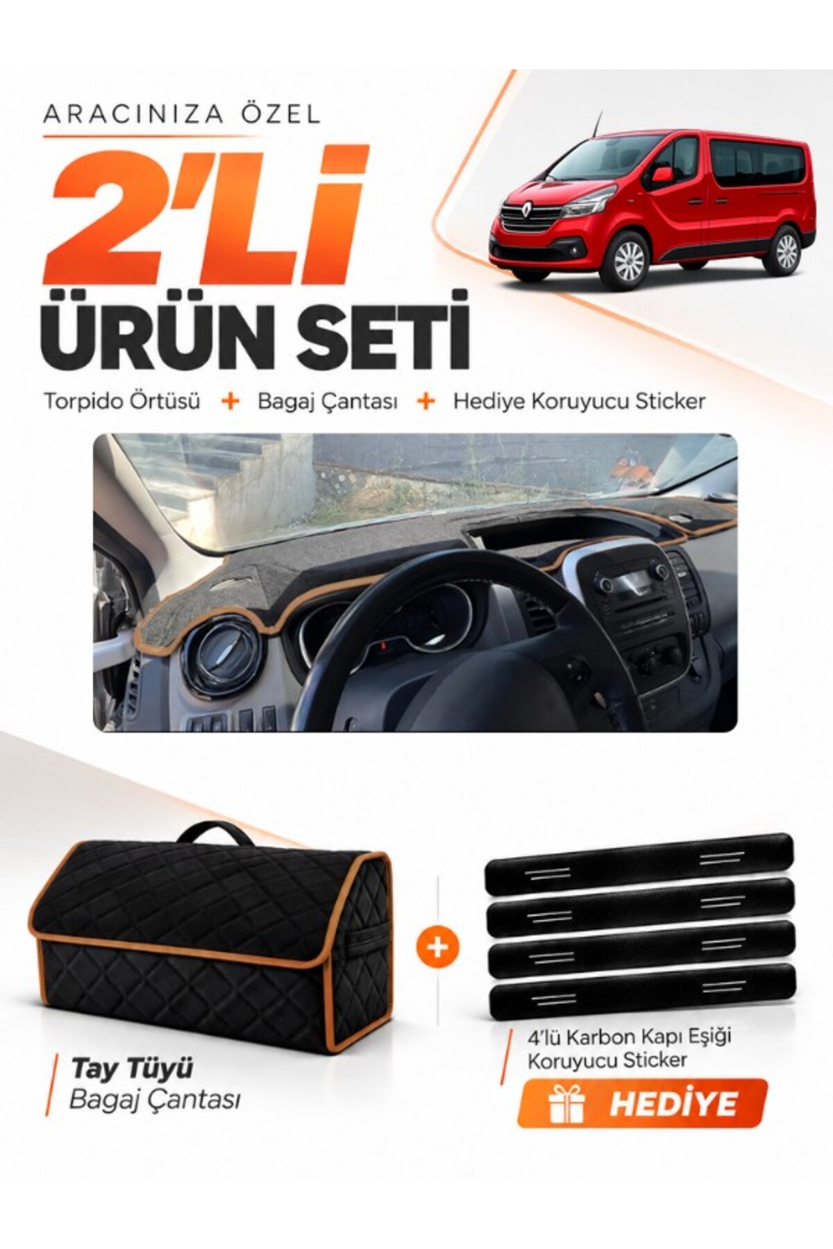 RENAULT TRAFIC KAPAKLI (2015-2022) Uyumlu Torpido Örtüsü + Tay Tüyü Bagaj Çantası Seti - RE048