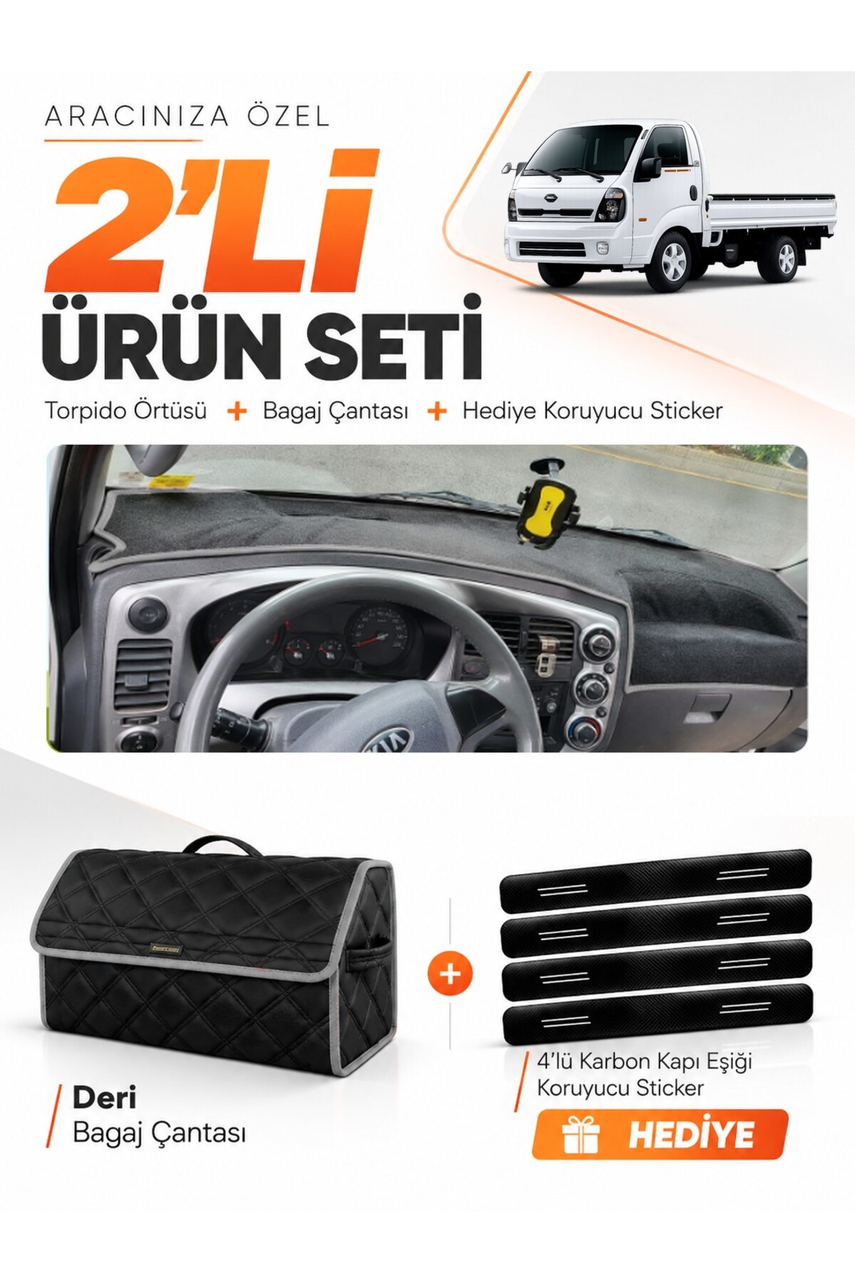 KİA BONGO (2004-2019) Uyumlu Torpido Örtüsü + Deri Bagaj Çantası + Sticker Seti - KI001 Siyah-Gri