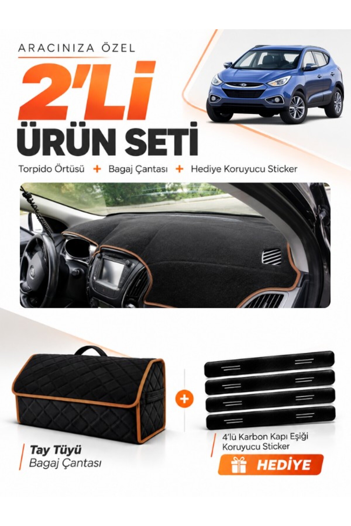 HYUNDAİ İX35 (2009-2015) Uyumlu Torpido Örtüsü + Tay Tüyü Bagaj Çantası + Sticker Seti - HU006 Siyah-Kahverengi