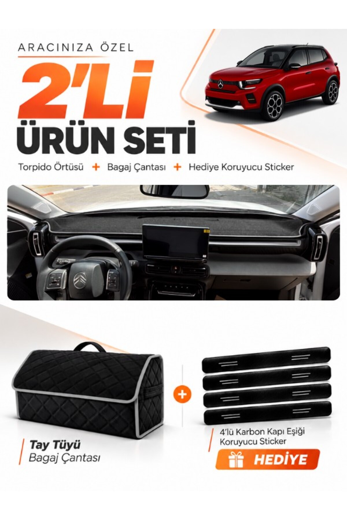 CITROEN C3 AIRCROSS (2017-2021) Uyumlu Torpido Örtüsü + Tay Tüyü Bagaj Çantası Seti - CI019 Siyah-Gri