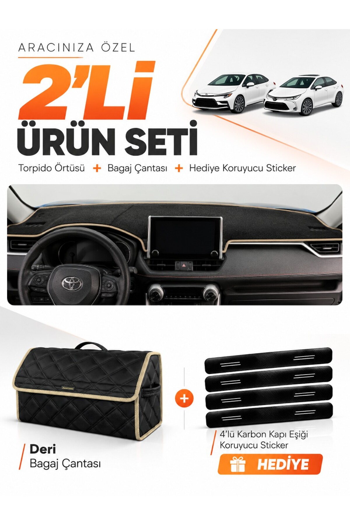 TOYOTA COROLLA E210 HAYALET GÖSTERGELİ (2018-2026) Uyumlu Torpido Örtüsü + Deri Çanta Seti - TO017 Siyah-Bej