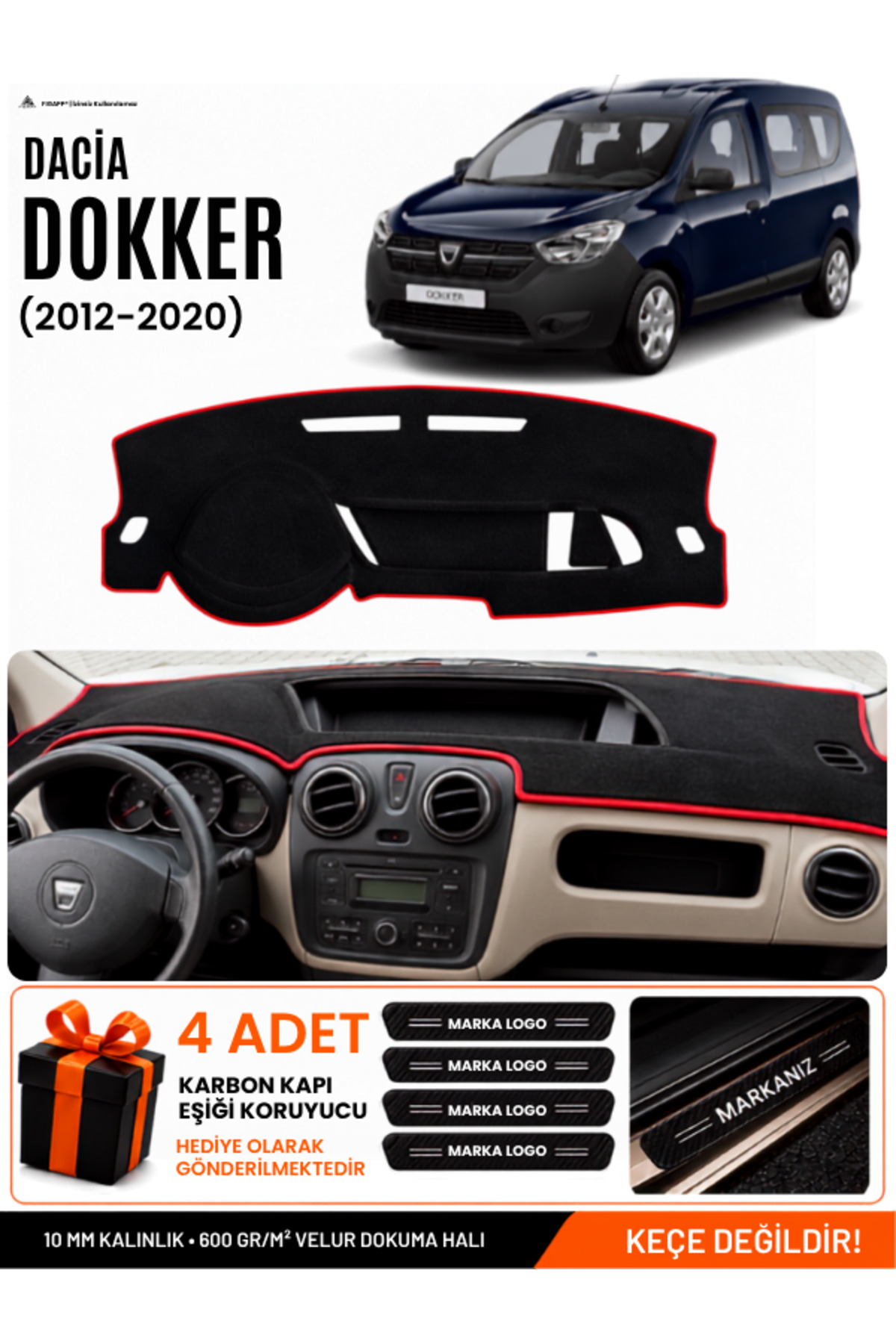 DACİA DOKKER (2012-2020) Uyumlu Torpido Siyah-Kırmızı