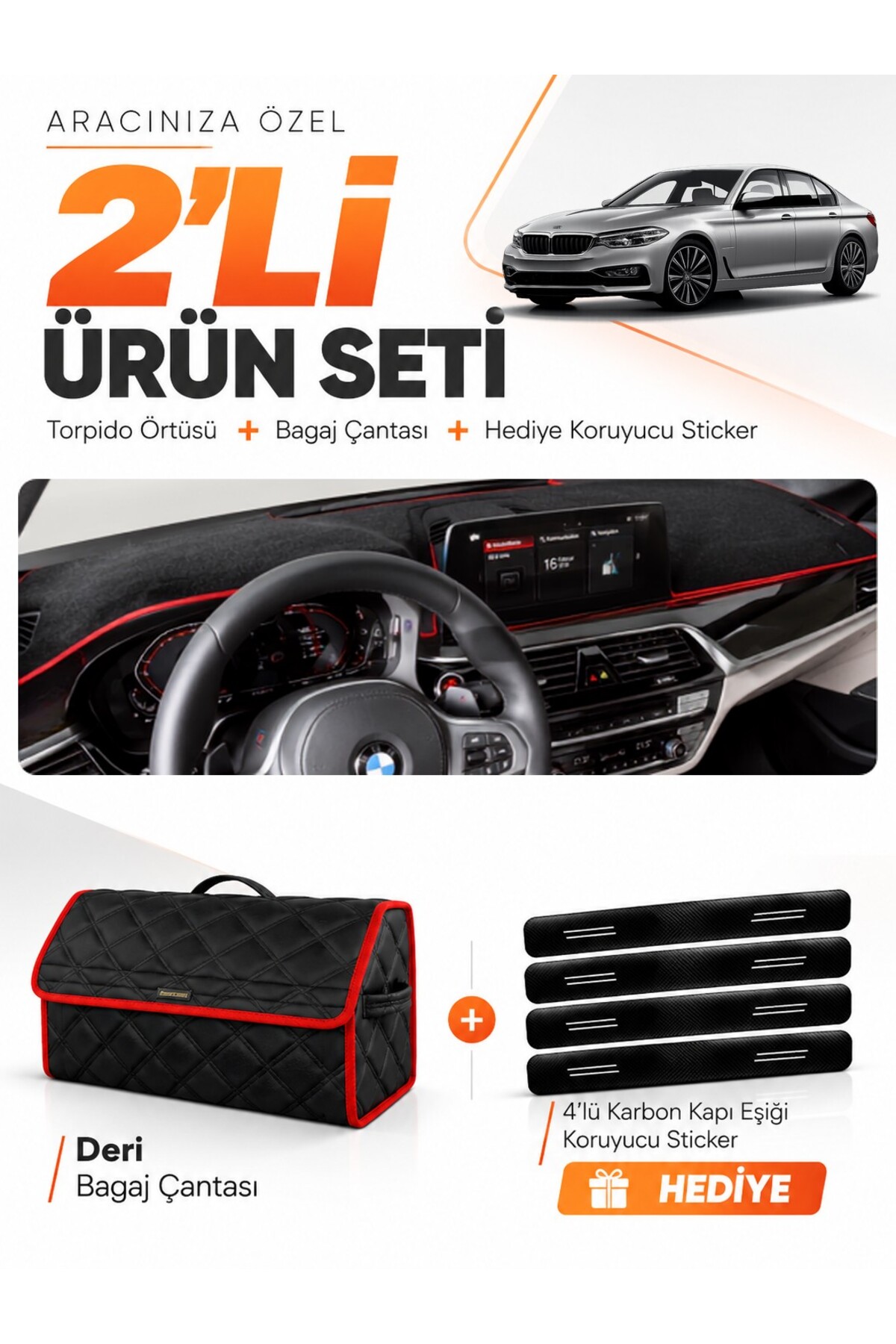 BMW G30 G31 G38 (2017-2023) Uyumlu Torpido Örtüsü + Deri Bagaj Çantası + Sticker Seti - BM008 Siyah-Kırmızı
