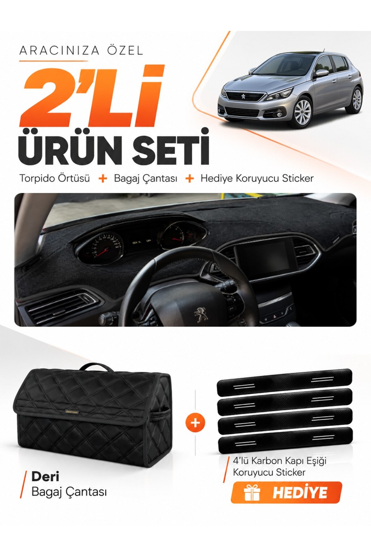 PEUGEOT 308 (2014-2021) Uyumlu Torpido Örtüsü + Deri Bagaj Çantası + Sticker Seti - PE010 Siyah