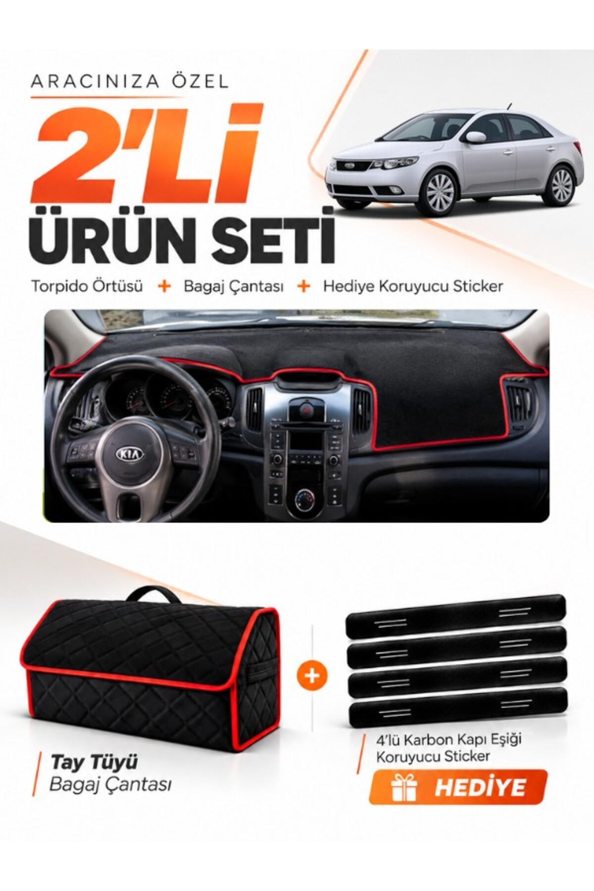KİA CERATO (2008-2012) Uyumlu Torpido Örtüsü + Tay Tüyü Bagaj Çantası + Sticker Seti - KI007