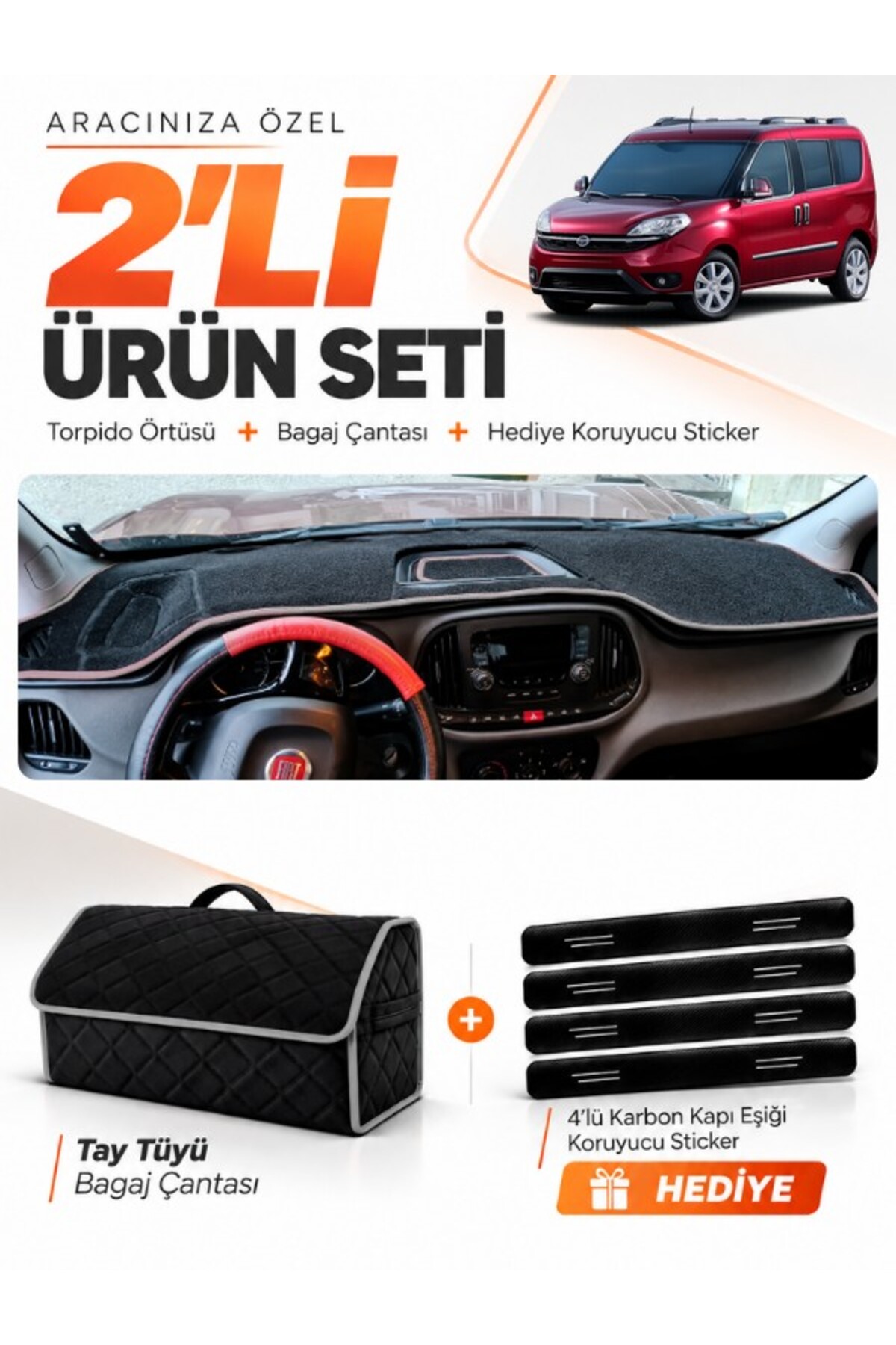 FIAT DOBLO (2015-2023) Uyumlu Torpido Örtüsü + Tay Tüyü Bagaj Çantası + Sticker Seti - FI009 Siyah-Gri