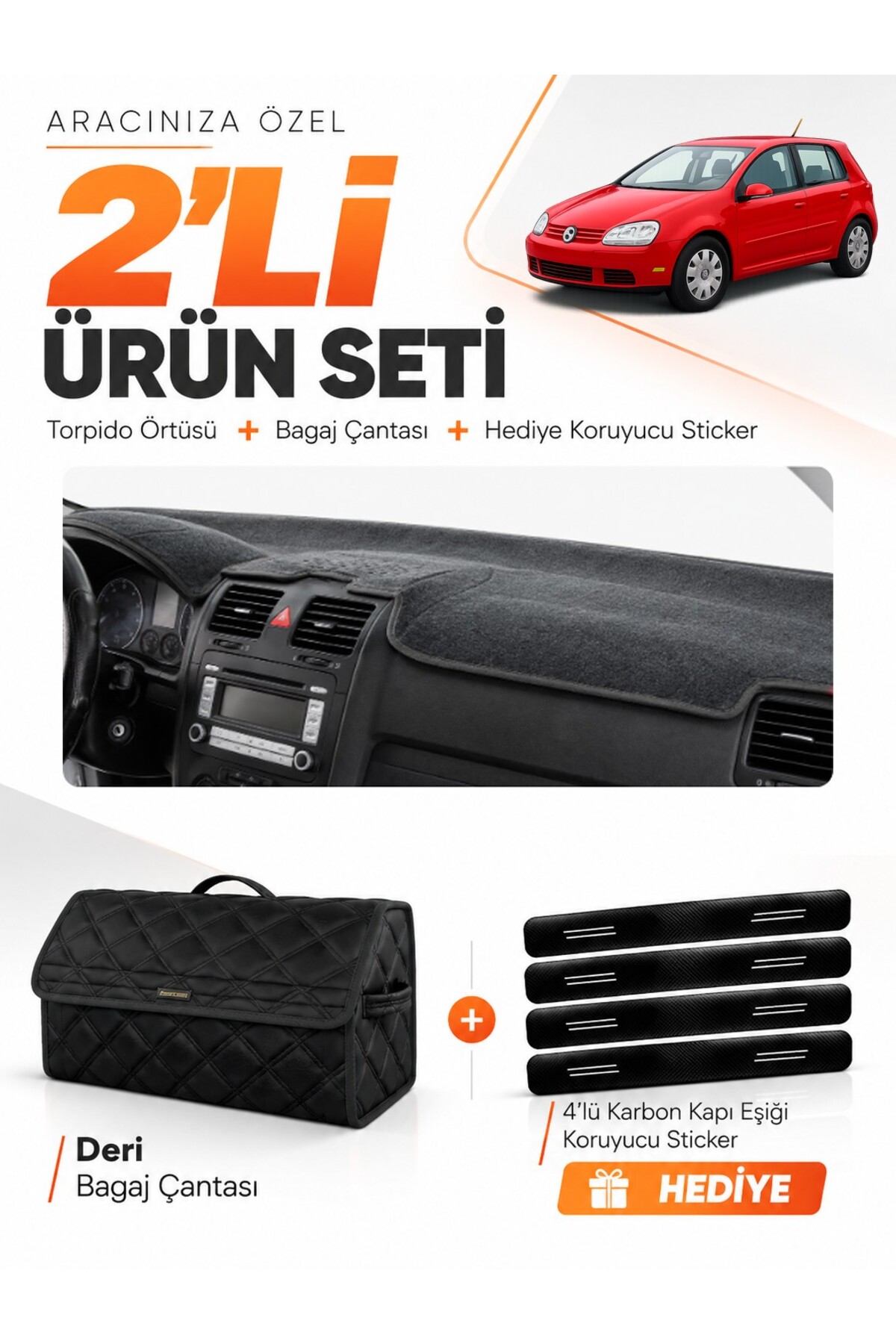 VOLKSWAGEN GOLF 5 (2003-2009) Uyumlu Torpido Örtüsü + Deri Bagaj Çantası + Sticker Seti - VW010