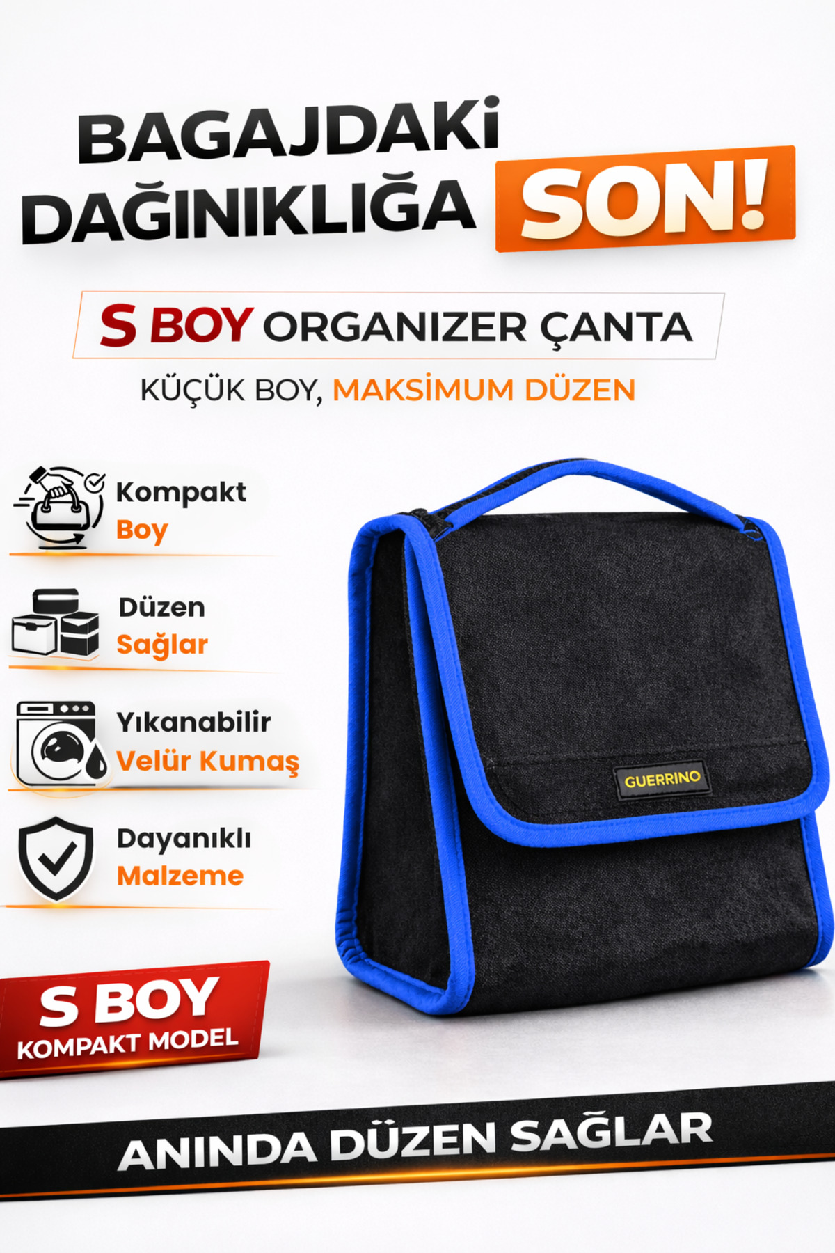 Oto Bagaj Organizer Bagaj Çantası S Boy Kaymaz Cırt Bantlı Velur Kompakt Düzenleyici