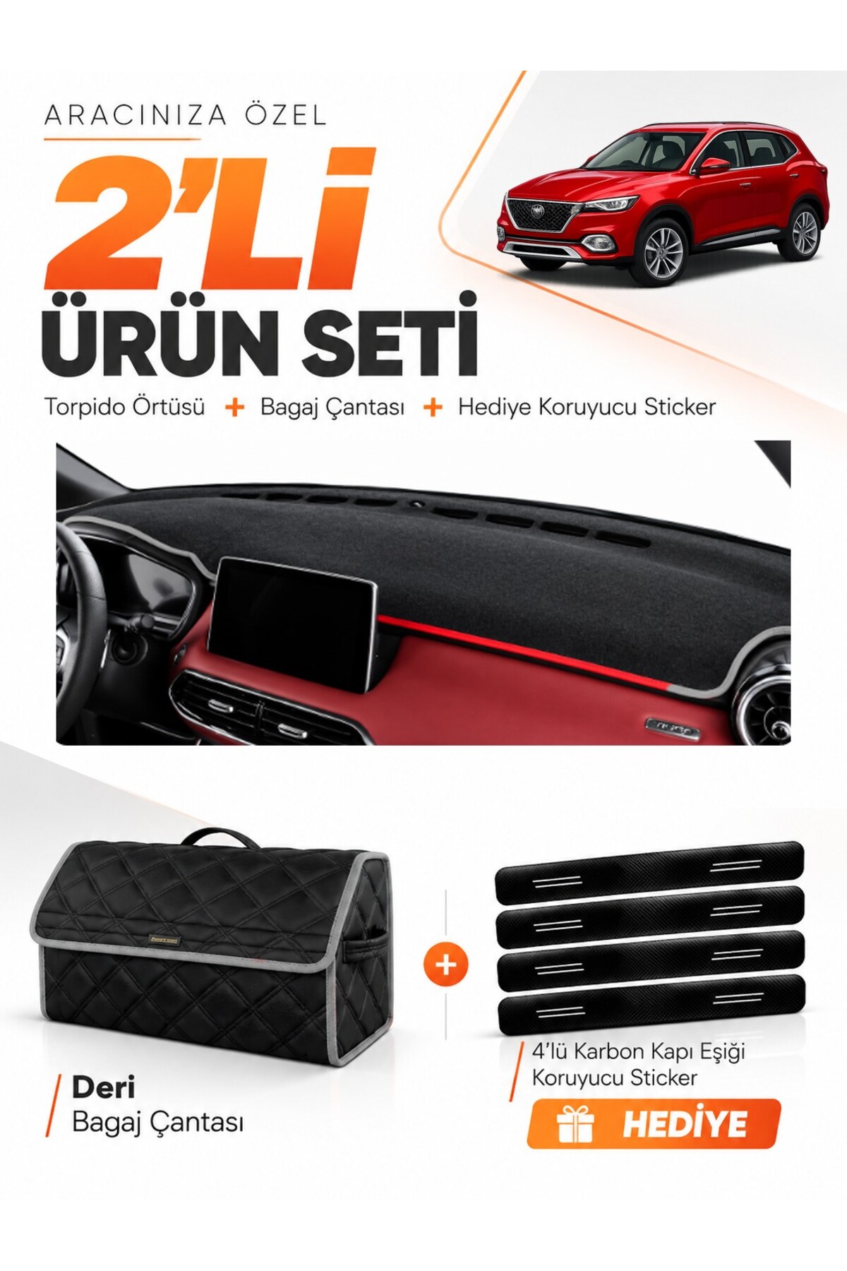 MG HS (2018-2024) Uyumlu Torpido Örtüsü + Deri Bagaj Çantası + Sticker Seti - MG001 Siyah-Gri