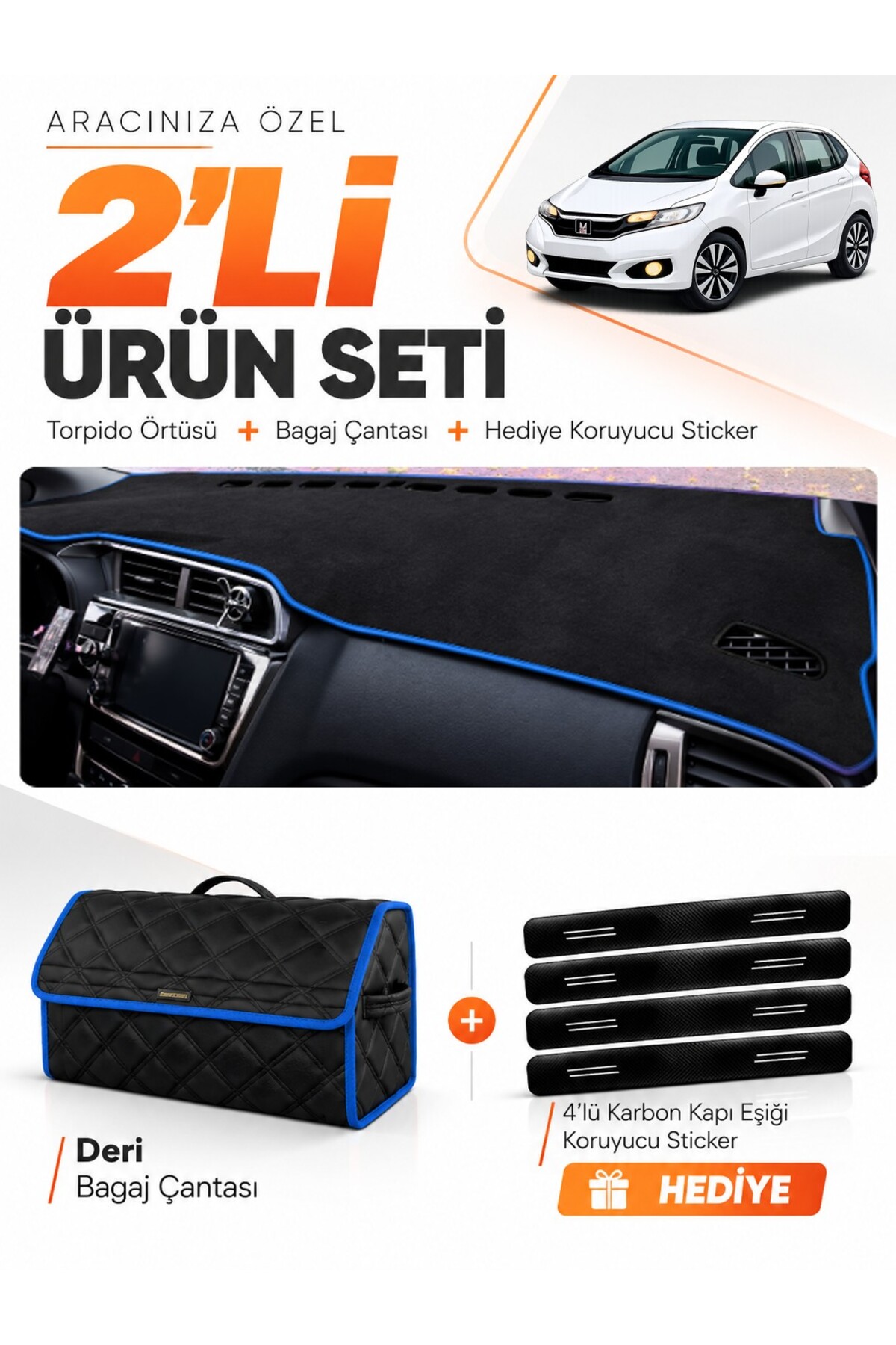 HONDA JAZZ (2018-2020) Uyumlu Torpido Örtüsü + Deri Bagaj Çantası + Sticker Seti - HO019 Siyah-Mavi