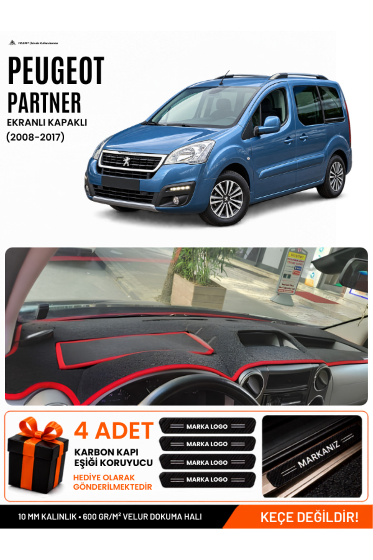 PEUGEOT PARTNER EKRANLI KAPAKLI (2008-2017) Uyumlu Torpido Siyah-Kırmızı