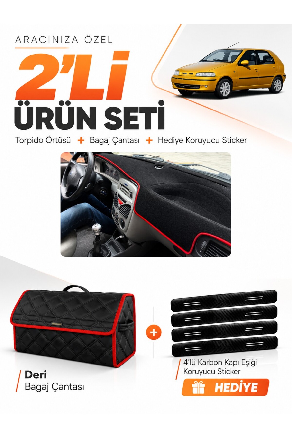 FIAT PALİO (1999-2005) Uyumlu Torpido Örtüsü + Deri Bagaj Çantası + Sticker Seti - FI002 Siyah-Kırmızı