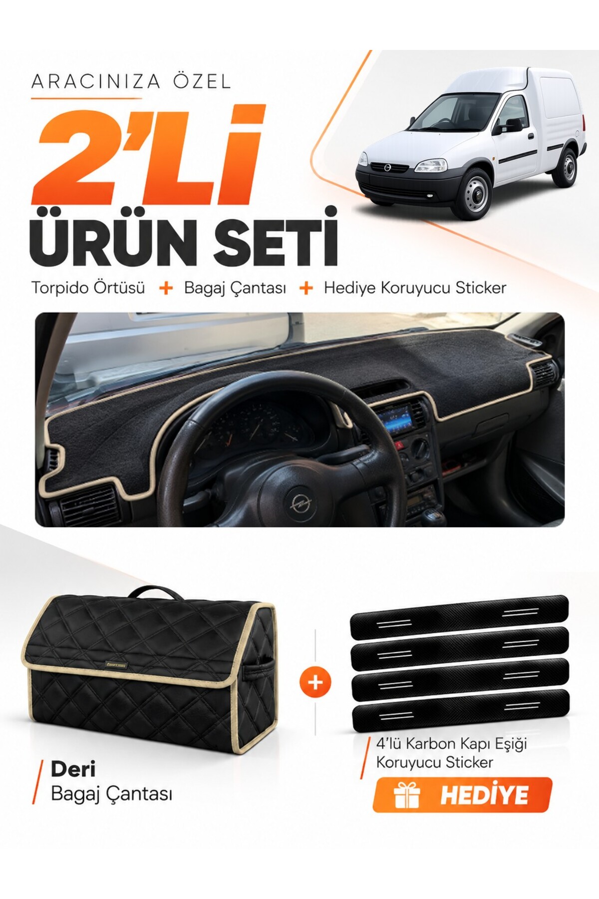 OPEL COMBO B (1992-2000) Uyumlu Torpido Örtüsü + Deri Bagaj Çantası + Sticker Seti - OP006 Siyah-Bej