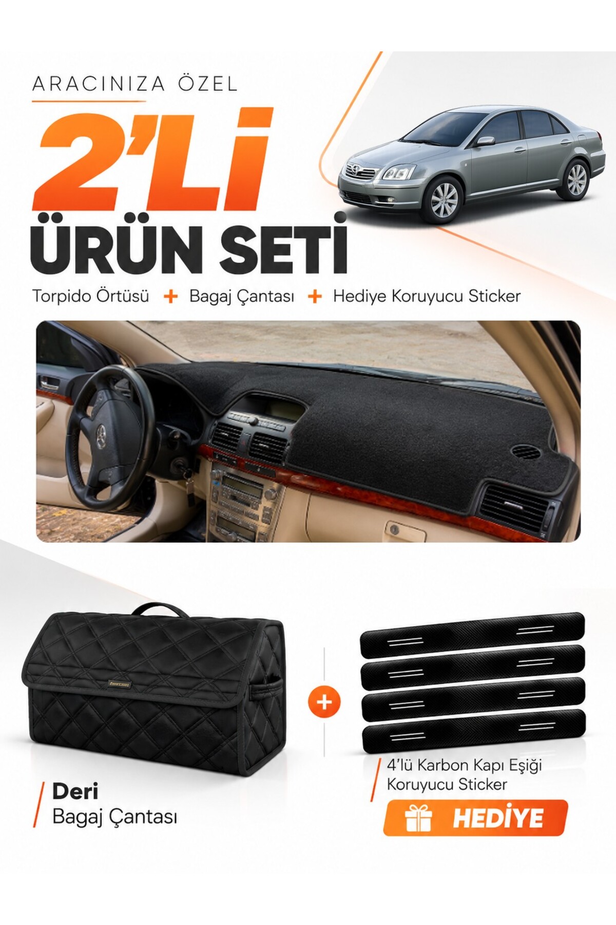 TOYOTA AVENSİS EKRANLI T250 (2003-2008) Uyumlu Torpido Örtüsü + Deri Bagaj Çantası Seti - TO003 Siyah